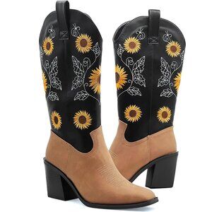 Nzzoo Western Boots Women Black Cowboy Wide Mid Calf Cowgirl Shoes